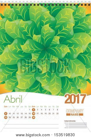 Abril -April in Spanish language- wall calendar 2017 template with abstract floral design, ready for printing. Size: 297mm x 420mm. Format vertical. Spanish version