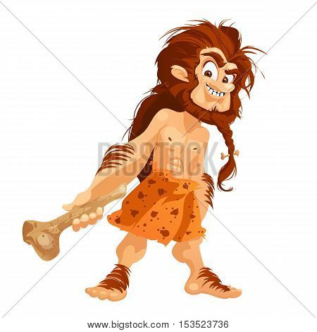 Caveman isolated on white background. Caveman with a cudgel in a cartoon style. Vector illustration.
