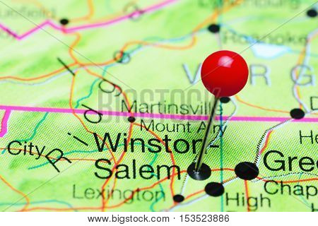Winston-Salem pinned on a map of North Carolina, USA