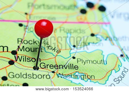Greenville pinned on a map of North Carolina, USA