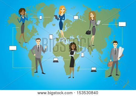 Global Business. Business conceptcommunication between businessmen using smart gadgets flat design vector illustration