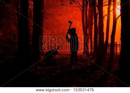 Murder in the park. Maniac swings ax on his prey. Maniac kills his victim in the night deserted park. Silhouettes in night foggy forest