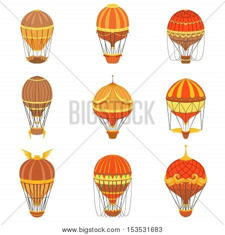 Vintage Hot Air Balloons Set.. Detailed Vector Drawings In Orange An Red Colors. Old-school Air Travel Transportation Design Collection.