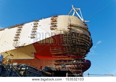 ship construct on slipway in shipyard, side view