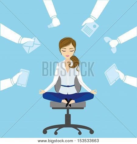 Office worker relaxes and meditates in the lotus position on the job vector illustration