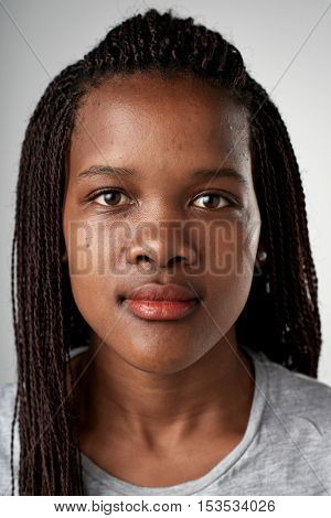 Portrait of real black african woman with no expression ID or passport photo full collection of diverse face and expressions