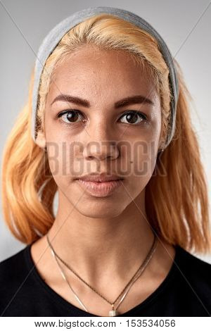Portrait of real black african woman with no expression ID or passport photo full collection of diverse face and expressions