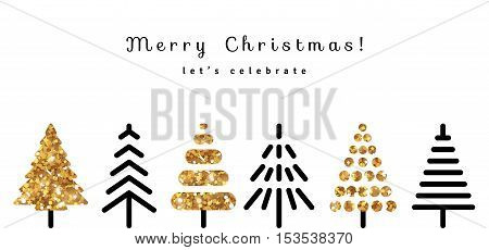Merry Christmas Background with Gold and Black Fir Trees in Modern Style. Vector Illustration. Glitter Sequins Texture. Season Greetings