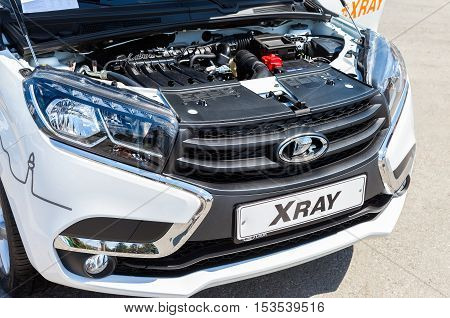 SAMARA RUSSIA - JUNE 12 2016: Car engine of LADA XRAY. Under hood space. Lada is a Russian automobile manufacturer