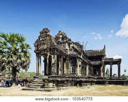 ankgor wat famous buddhist old landmark temple ruins detail near siem reap cambodia