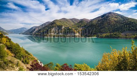 Aragvi River and reservoir in Georgia, Europe.