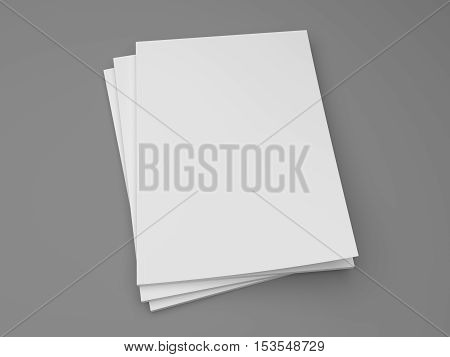 Blank empty stack of magazines or books on a gray background with shadows. 3D illustration mockup.