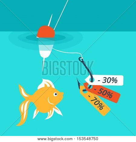 Vector illustration, which depicts the concept of attracting customers discounts and sales. For example, use image fish, floating lure.