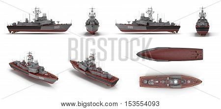 Missile Corvettes of the Soviet Navy Nanuchka class Project 1234 renders set from different angles on a white background. 3D illustration
