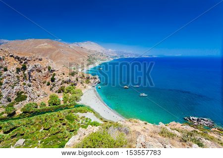 Panorama of Preveli beach at Libyan sea river and palm forest southern Crete Greece