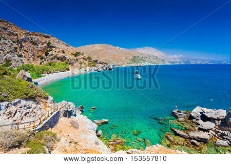 Panorama of Preveli beach at Libyan sea southern Crete Greece