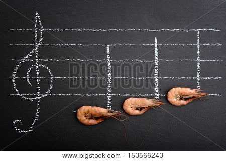 Notes DO, RE, MI from cooked shrimps on black stone foard