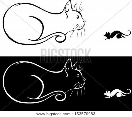 Hunting cat with a mouse outline, isolated and on black background