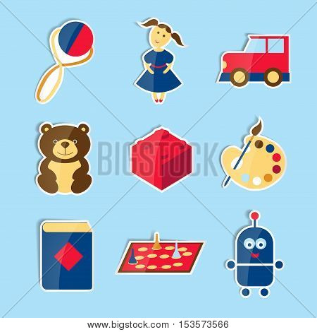 Set of icons-stickers for toys store. Nine categories.