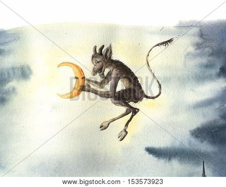 Watercolor russian christmas card with devil steals moon. Fairy tale illustration for design, print or background.