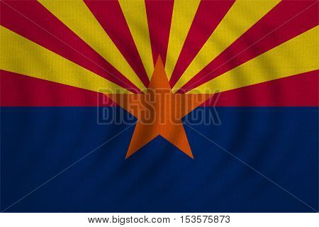 Flag of the US state of Arizona. American patriotic element. USA banner. United States of America symbol. Arizonian official flag wavy with detailed fabric texture illustration. Accurate size colors