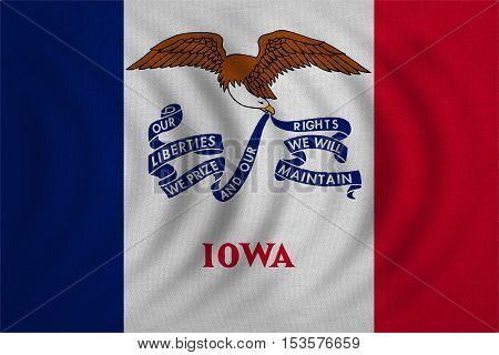 Flag of the US state of Iowa. American patriotic element. USA banner. United States of America symbol. Iowan official flag wavy with real detailed fabric texture illustration. Accurate size colors