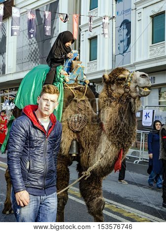 Istanbul Turkey - October 11 2016: Turkish Shia children takes part in an Ashura parade in Istanbul's district of Kucukcekmece. Turkish Shia Muslims mourning for Imam Hussain. Caferis take part in a mourning procession marking the day of Ashura in Istanbu