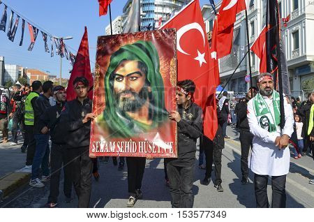 Istanbul Turkey - October 11 2016: Muslims worldwide marks Ashura Istanbul Shiite community. Turkish Shia Muslims mourning for Imam Hussain. Caferis take part in a mourning procession marking the day of Ashura in Istanbul's Kucukcekmece district Turkey on