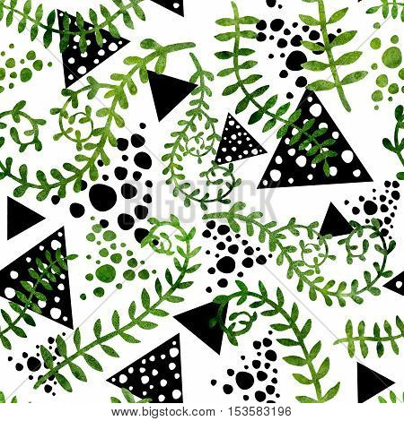 Watercolor Green Leabes and Black Triangles Seamless Pattern
