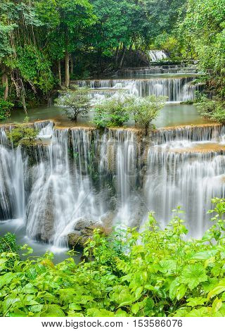 Huay Mae Khamin waterfall famous natural tourist attraction in Kanchanaburi Thailand.