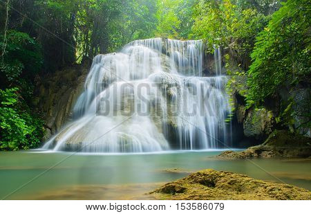 Huay Mae Khamin waterfall famous natural tourist attraction in Kanchanaburi Thailand.