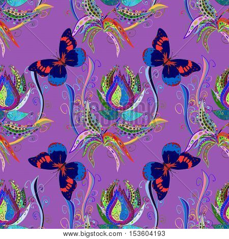 Seamless Colorful Background.colorful And White Doodles Flowers And Butterflies. Raster Illustration