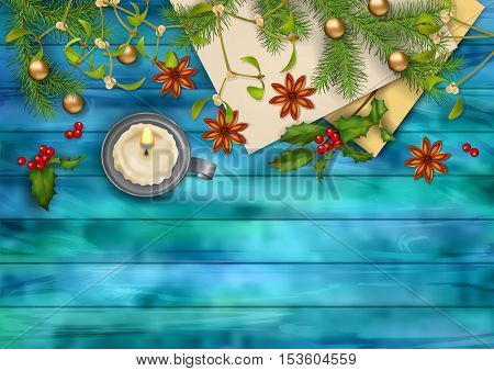 Christmas vector top view background. andle tree branches Holly Mistletoe and star anise on wooden table
