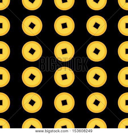 Chinese coin set. Seamless Pattern China gold money square centre. Golden coin with hole. Happy New Year symbol atribute. Black background. Flat design. Vector illustration.