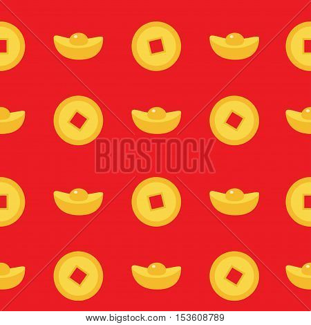 Seamless Pattern Chinese coin gold ingot set. China money square centre. Golden with hole. Happy New Year symbol atribute. Red background. Flat design. Vector illustration.