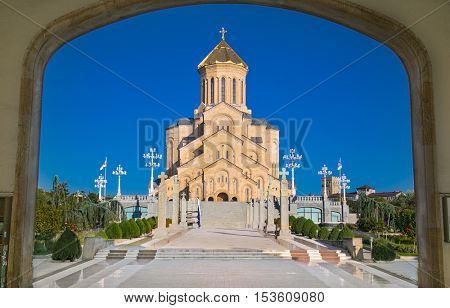 Tsminda Sameba Church located in Tbilisi, capital of Georgia. Europe.