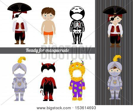 Fancy dresses collection for kids, Cute little boy body template and costumes of pirate, skeleton, knight, monster and devil. Make your fancy character.