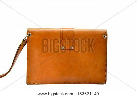 back of small light brown leather man bag with white background,second hand