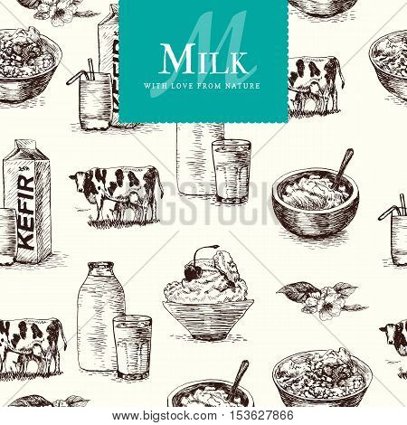 Vector illustration colorful seamless pattern with dairy products. Different sorts of dairy products