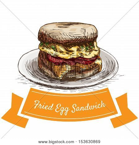 Fried egg sandwich colorful illustration. Vector illustration of breakfast.