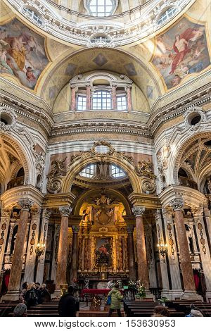 Turin, Italy - December 31, 2015: Royal Church of San Lorenzo interior in Turin Italy. The present church was designed and built by Guarino Guarini during 1668-1687.