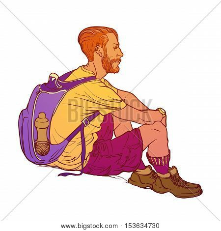 Summer laisure activity. Sitting young hipster backpacker. Sketch style drawing isolated on white background. EPS10 vector illustration.