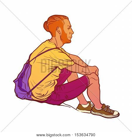 Summer laisure activity. Sitting young hipster backpacker. Sketch style drawing isolated on white background. EPS10 vector illustration.