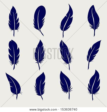 Ball pen feather sketch icons set. Vector illustration