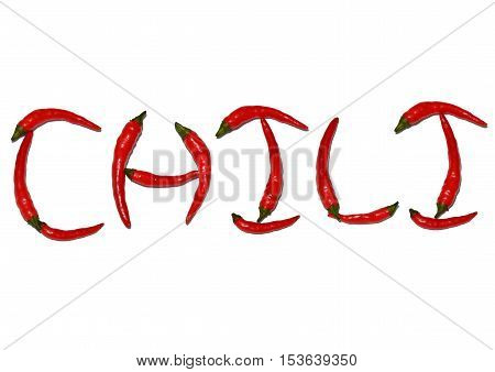 Thai chilies with white background, chili word