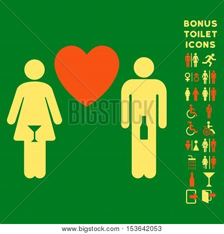 Drunky Love Pair icon and bonus man and female restroom symbols. Glyph illustration style is flat iconic bicolor symbols, orange and yellow colors, green background.