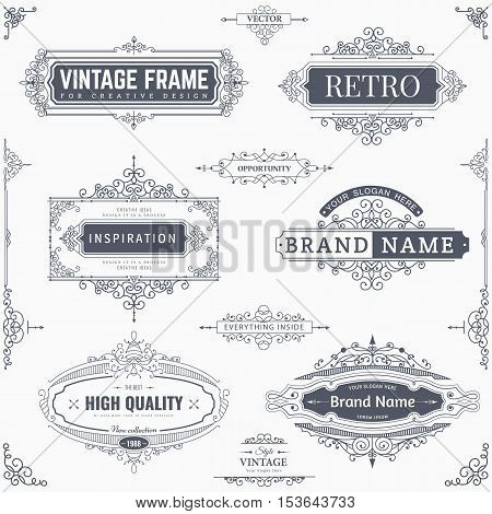 Set of creative vector templates for logos, label or banners on the theme of quality and business in vintage style. Flourishes calligraphic elements. Design frame and page decor