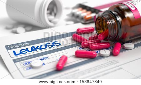 Leukosis Wording in Anamnesis. CloseUp View of Medical Concept. Leukosis - Handwritten Diagnosis in the Anamnesis. Medicine Concept with Red Pills, CloseUp View, Selective Focus. 3D.