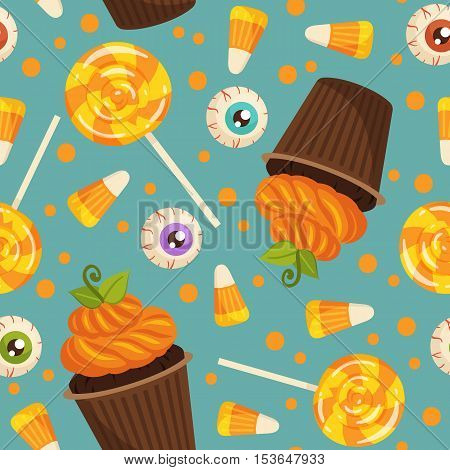 Halloween Pattern With Sweets On Turquoise Background. Cupcakes, Lollipop, Candy Corn And Evil Eye S