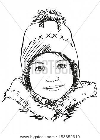 Sketch of young girl in winter hat with bubo Hand drawn vector illustration